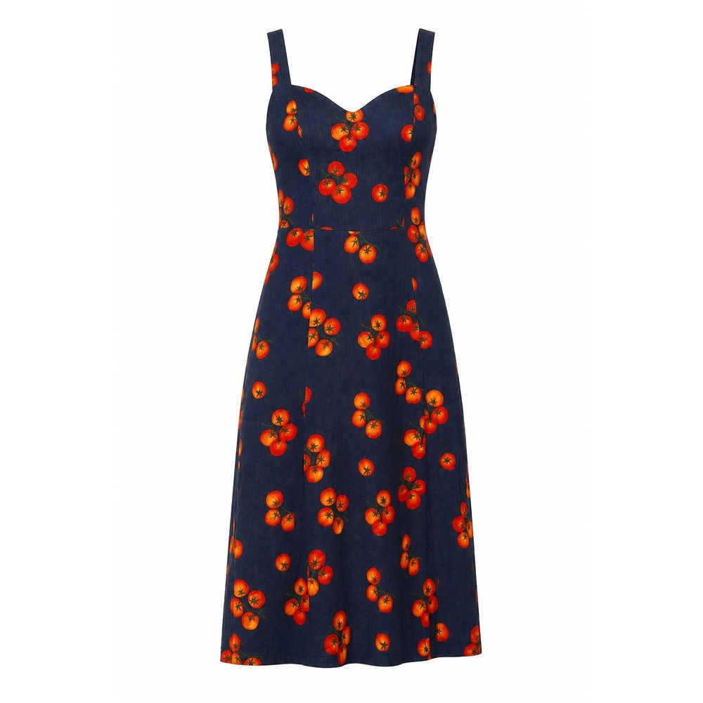 Market & Spruce Genevieve Navy Tomato Print Linen Blend Midi Dress M